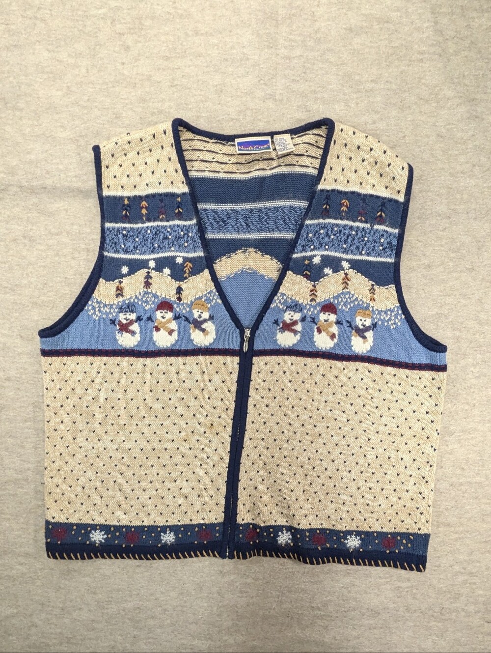 Vintage Winter Scenery Knit Snowman Zip Cardigan Vest Snow Hearts Teacher 2X